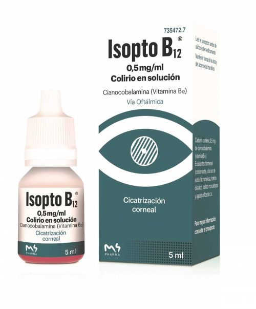 Isopto B12 0,5mg/ml - Es un colirio para tratar los problemas asociados a la fragilidad de la córnea, úlceras, quemaduras y tratamientos postquirúrgicos. 