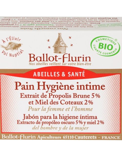 BALLOT FLURIN Jabón de higiene intima Bio - Jabón para la higiene íntima natural, con propóleo oscuro y enriquecido con elixires apícolas.