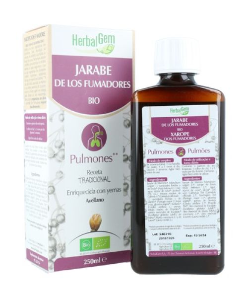 Jarabe de los Fumadores (Herbalgem) - Mucolítico y expectorante muy potente. Ayuda a limpiar las vías respiratorias y los pulmones de fumadores y ex-fumadores o simplemente en catarros o gripes que cursen con mocos, para limpiar los pulmones.