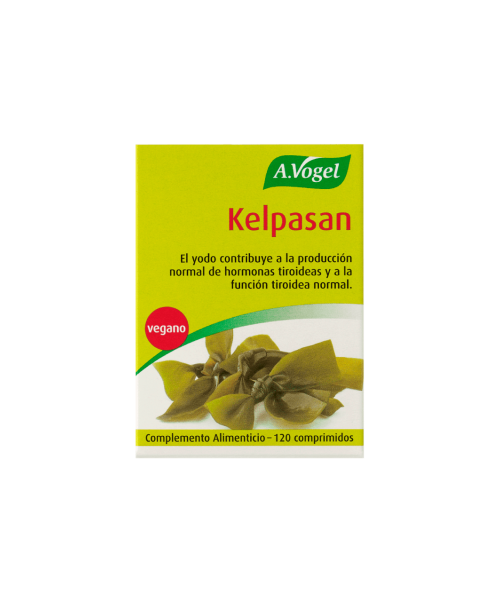 Kelpasan - Complemento alimenticio a base de alga Kelp. El alga kelp es una fuente de yodo que contribuye a la producción normal de hormonas tiroideas y a la función tiroidea normal.