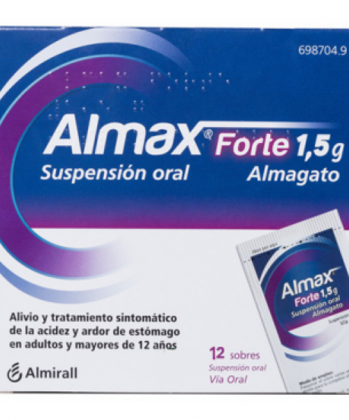 Almax forte 1.5g - Son unos sobres antiácidos a base de sales de aluminio y magnesio. Tratan los procesos que cursen con acidez como gastritis, úlcera, dispepsia o reflujo. 