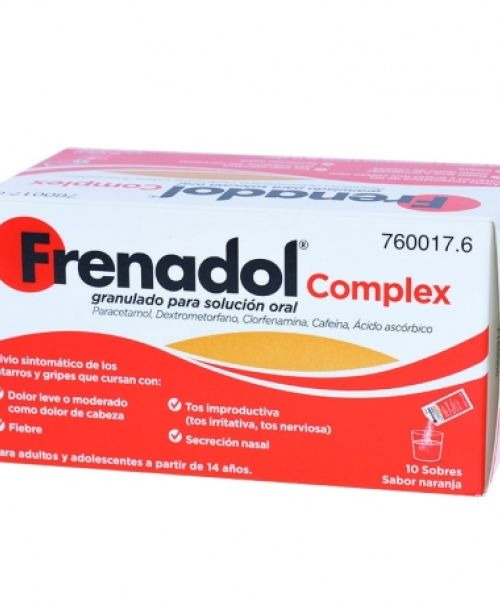 Frenadol complex - Alivia los síntomas de la gripe. Ayuda a disminuir los síntomas de resfriado, fiebre, catarro, rinitis, sinusitis, mocos y malestar general.