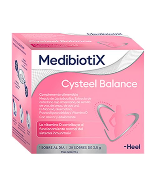 MedibiotiX Cysteel Balance - Para la prevención y complemento al tratamiento de las infecciones urinarias ya sean cistítis u hongos.  Es un simbiótico (probiótico + prebiótico) que además contiene extracto de arándano rojo americano, semilla de uva, brezo, uva ursi, D-Manosa, quercetina y vitamina D. Fórmula mejorada del antiguo Cysteel en cápsulas.
