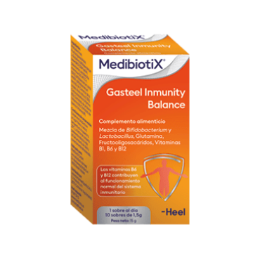  - Prebióticos, probióticos, vitaminas B1,B6 y B12, y L-glutamina, siendo así eficaz ante procesos inflamatorios intestinales. También refuerza el sistema inmunitario y es eficaz ante cuadros gastrointestinales de origen vírico.