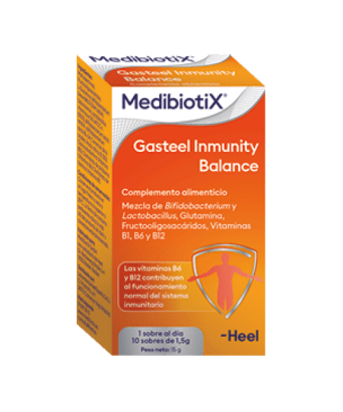 Medibiotix Gasteel inmunity Balance - Prebióticos, probióticos, vitaminas B1,B6 y B12, y L-glutamina, siendo así eficaz ante procesos inflamatorios intestinales. También refuerza el sistema inmunitario y es eficaz ante cuadros gastrointestinales de origen vírico.