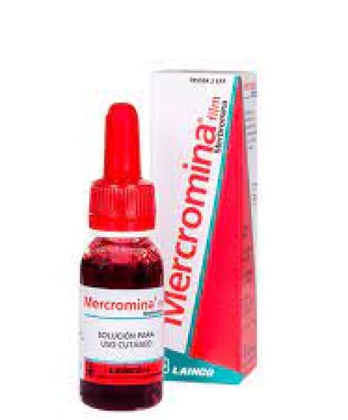 Mercromina film - Solución cutánea antiséptica indicado en la desinfección de quemaduras leves, pequeñas heridas superficiales y rozaduras.