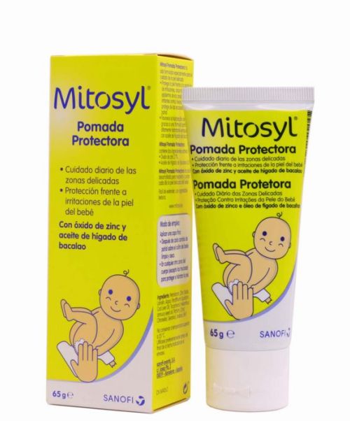 Mitosyl crema - Es para el cuidado diario de las zonas delicadas y indicada para el alivio local sintomático de las lesiones de la piel producidas por irritaciones, grietas, rozaduras, quemaduras leves y escoceduras. Pomada, en envase de 65 g.