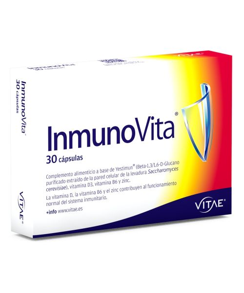 Inmunovita 30 caps VITAE - Indicado para mantener altas y fuertes nuestras defensas. Especialmente útil en casos de gripes y resfriados, tanto a modo de prevención como de tratamiento, ya que disminuye el período y severidad de las posibles infecciones.