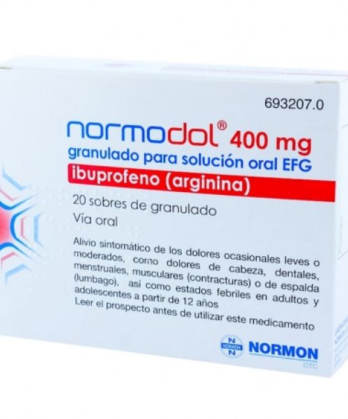 Normodol 400 mg - Antiinflamatorio vía oral . Se usan para el dolor de garganta (anginas), dolor de cabeza, dolores musculares y menstruales.