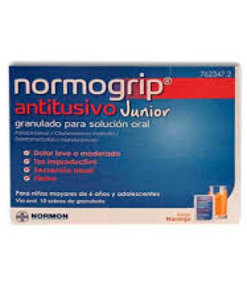 Normogrip antitusivo junior -  Calman los síntomas de la gripe. Ayuda a disminuir los síntomas de resfriado, tos, fiebre, catarro, mocos y malestar general.