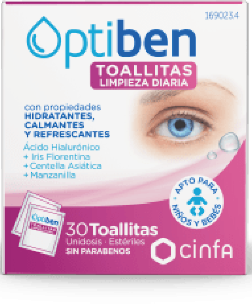 Optiben Toallitas Limpieza diaria - Limpieza diaria de los párpados, pestañas, borde palpebral y zona periocular.