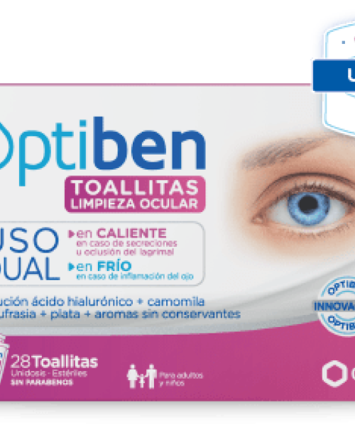 Optiben Toallitas Uso Dual - Limpieza de los párpados, pestañas, borde palpebral y zona periocular. Se pueden usar en caliente o en frio.