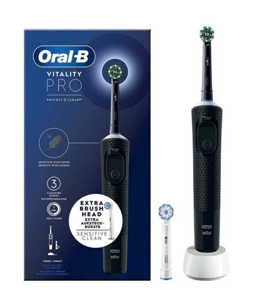 ORAL B VITALITY PRO NEGRO - Es un cepillo con un cabezal de limpieza profesional, con la exclusiva tecnología de limpieza 2D de Oral-B: oscila y rota para eliminar hasta un 100 % más de placa que un cepillo manual. 