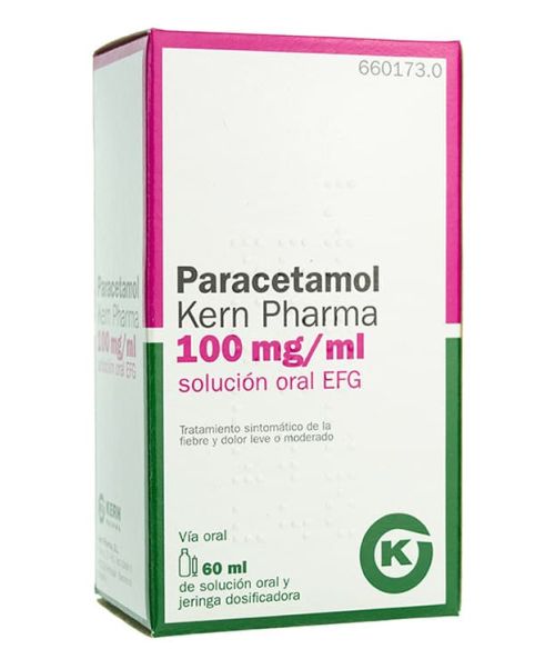 Paracetamol kern 100mg/ml 60ml - Paracetamol para niños para tratar los diferentes tipos de dolores, bajar la fiebre y calmar el malestar general. Válidos para el dolor de cabeza, de muelas, de boca en general, de regla, de espalda, golpes...