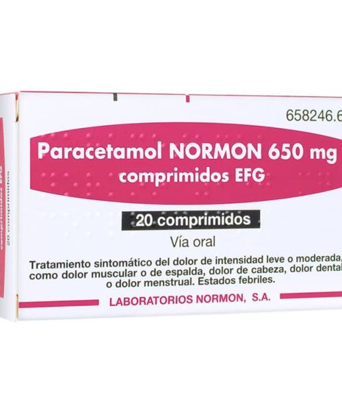Paracetamol Normon 650 mg - Paracetamol para tratar los diferentes tipos de dolores, bajar la fiebre y calmar el malestar general. Válidos para el dolor de cabeza, de muelas, de boca en general, de regla, de espalda, golpes...