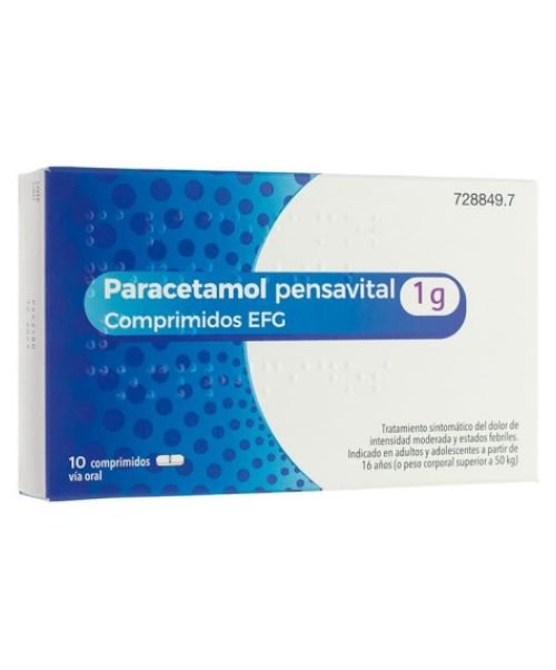 Paracetamol pensavital 1g - Paracetamol para tratar los diferentes tipos de dolores, bajar la fiebre y calmar el malestar general. Válidos para el dolor de cabeza, de muelas, de boca en general, de regla, de espalda, golpes...