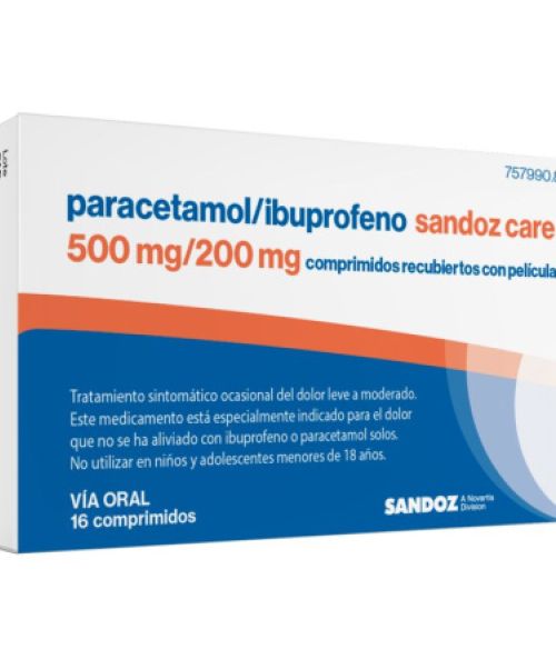 paracetamol/ibuprofeno sandozcare 500/200 mg - Paracetamol e ibuprofeno combinado para tratar los diferentes tipos de dolores, bajar la fiebre y calmar el malestar general. Válidos para el dolor de cabeza, de muelas, de boca en general, de regla, de espalda, golpes...