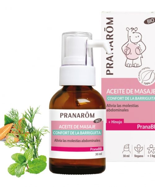 PranaBB  Aceite de Masaje confort de la barriguita BIO - Perfecto para aliviar los cólicos de los bebés, favorecer la digestión y calmar la sensación de incomodidad. Alivia las molestias abdominales.