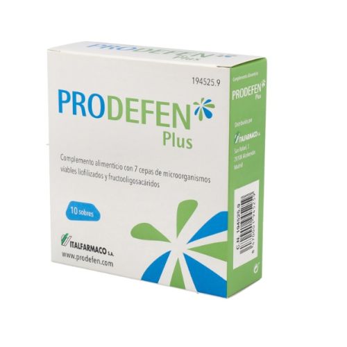  - Probióticos y prebióticos para restablecer la flora intestinal. Es un complemento alimenticio que contiene fructooligosacáridos (también conocidos como prebióticos) y 7 cepas de microorganismos (probióticos), que habitan de forma natural en el sistema digestivo. Prodefen incluye la cepa específica Lactobacillus Rhamnosus GG, uno de los probióticos más estudiados.