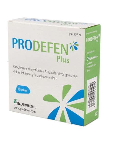 Prodefen Plus - Probióticos y prebióticos para restablecer la flora intestinal. Es un complemento alimenticio que contiene fructooligosacáridos (también conocidos como prebióticos) y 7 cepas de microorganismos (probióticos), que habitan de forma natural en el sistema digestivo. Prodefen incluye la cepa específica Lactobacillus Rhamnosus GG, uno de los probióticos más estudiados.