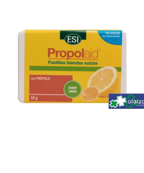 Propolaid Limón 50 g - Pastillas blandas con propoleo para picor de garganta.Pastillas blandas suizas de própolis sabor limón, sin azúcares, con edulcorantes de Stevia. Para dolor suave de garganta.