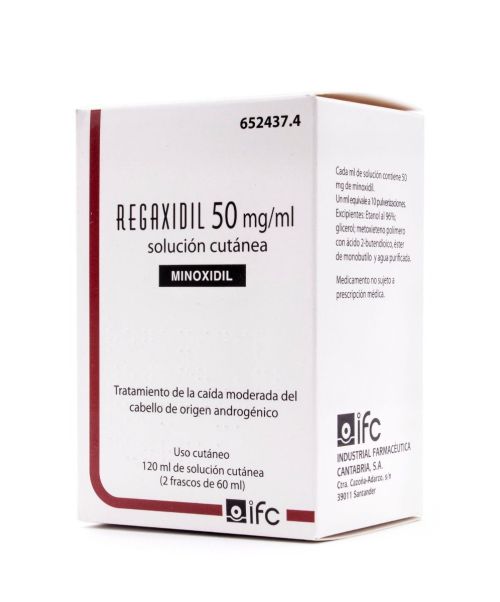 Regaxidil 50mg/ml. - Es un medicamento indicado para estimular el crecimiento del cabello en personas que sufren alopecia androgénica con pérdida moderada de cabello