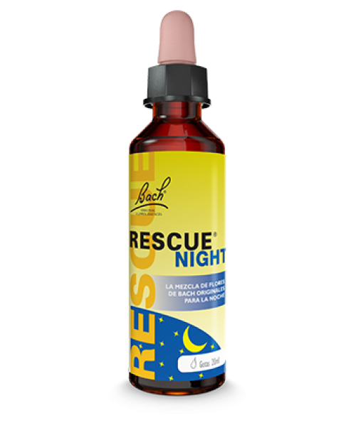Rescue Night Gotas - Tratamiento de choque en situaciones de crisis, situaciones fisiológicas de gran ansiedad o angustia. La misma mezcla clásica de 5 flores de Bach del Rescue Original, pero añade la Flor de Bach White Chestnut para los que tienden a tener pensamientos repetitivos durante la noche que les impiden dormir.<br>