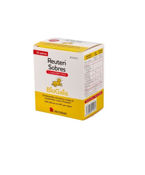 Reuteri Sobres - Probiótico para tratar el cólico de lactante. Probiótico con Lactobacillus reuteri, cuyo objetivo es el restablecimiento de la flora intestinal, ayudando a tratar la diarrea aguda, los gases y el estreñimiento, especialmente en lactantes y niños. 