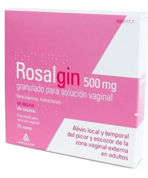Rosalgin 500mg - Sobres para el alivio local y temporal del picor y escozor de la zona vaginal externa en mujeres adultas.