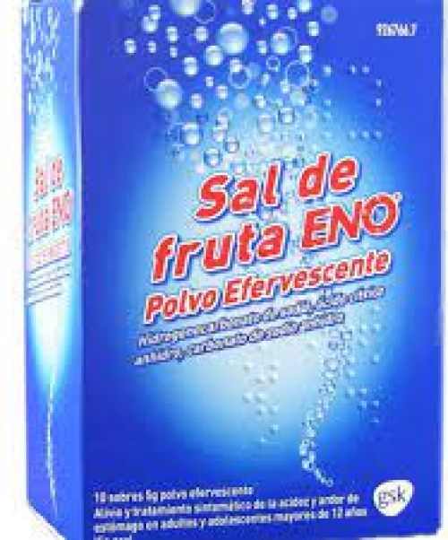 Sal de fruta ENO - Antiácido a base de bicarbonato de sodio que actúa modificando el pH o acidez del estómago. Alivia patologías como acidez, gastritis, úlcera, dispepsia o reflujo.