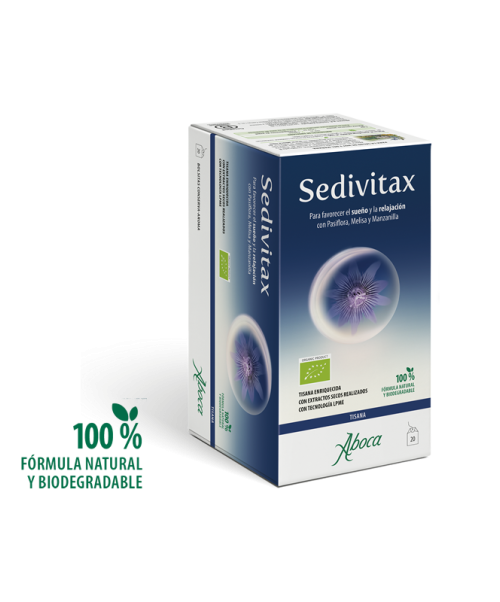 Sedivitax Tisana - Ayuda a la relajación para un sueño fisiológico. Gracias a sus plantas relajantes, es la tisana perfecta para tomar despues de cenar para aliviar las tensiones del día a día para ayudar a relajarnos para dormir.