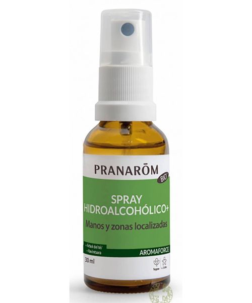 Spray Hidroalcohólico + - Spray hidroalcohólico para manos y zonas localizadas, Árbol del té + Ravintsara. Se seca rápido. Textura ligera. Eficacia inmediata. Contiene un 70% de alcohol más aceites esenciales (árbol del té y ravintsara, entre otros), así como activos hidratantes.