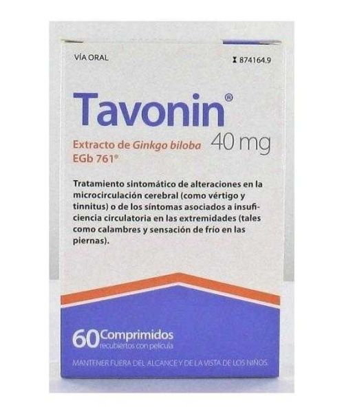 Tavonin 40 mg - Mejoran la microcirculación cerebral con lo que consiguen un efecto contra la demencia senil. Mejoran la memoria y también se usan para tratar el vértigo. Válidos también para tratar la insuficiencia venosa y el tinnitus (pitido o zumbido en el oído). 