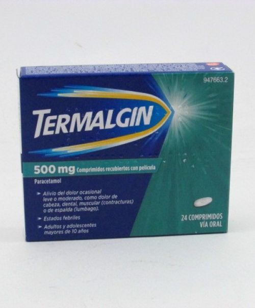 Termalgin 500 mg - Paracetamol para tratar los diferentes tipos de dolores, bajar la fiebre y calmar el malestar general. Válidos para el dolor de cabeza, de muelas, de boca en general, de regla, de espalda, golpes...