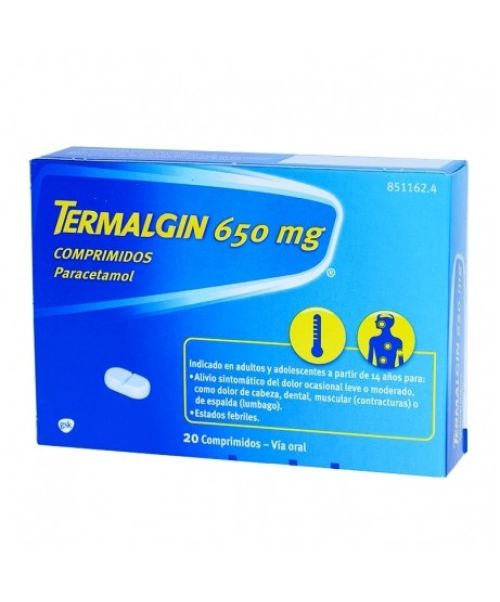 Termalgin 650 mg - Paracetamol para tratar los diferentes tipos de dolores, bajar la fiebre y calmar el malestar general. Válidos para el dolor de cabeza, de muelas, de boca en general, de regla, de espalda, golpes...