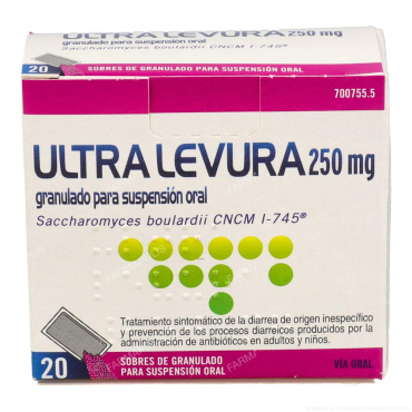  - Probióticos a base de Saccharomyces boulardii CNCM I-745. Se recomienda tomar durante la toma de antibióticos para paliar los efectos secundarios. Válidos para gastroenteritis, diarreas, descomposición o cualquier problema digestivo.
