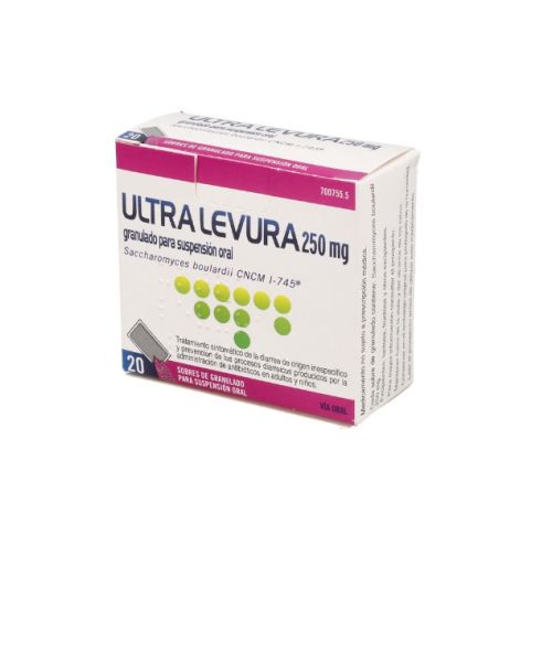 Ultra levura 250mg - Probióticos a base de Saccharomyces boulardii CNCM I-745. Se recomienda tomar durante la toma de antibióticos para paliar los efectos secundarios. Válidos para gastroenteritis, diarreas, descomposición o cualquier problema digestivo.<br>