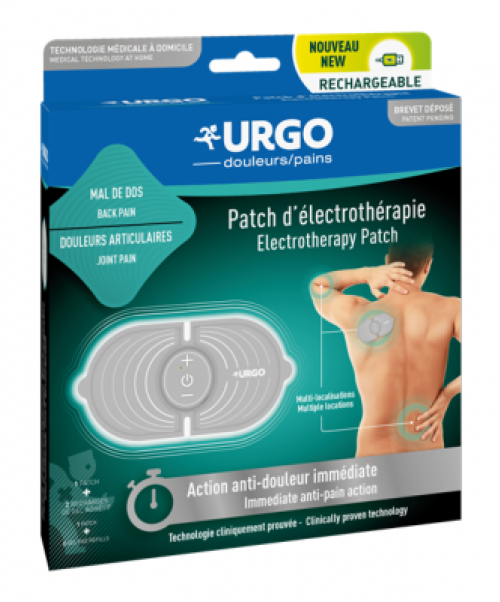 URGO Parche de Electroterapia - Alivia y relaja el músculo mediante electroterapia. Recargable y reutilizable con 5 programas para el alivio del dolor muscular y articular. <br>La tecnología TENS (Electro estimulación Nerviosa Transcutánea), proporciona un alivio del dolor mediante una corriente eléctrica de intensidad específicamente adaptada.