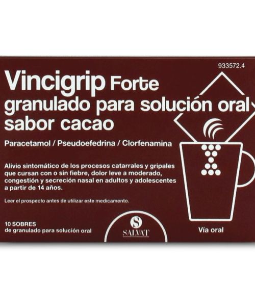 Vincigrip forte cacao - Trata los síntomas gripales o catarrales. Ayuda a disminuir los síntomas de resfriado, fiebre, catarro, rinitis, sinusitis, mocos y malestar general.