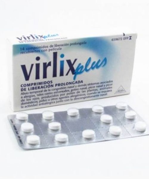Virlix plus (5/120 mg) - Trata los síntomas de la alergia. Debido a su composición son válidos para calmar el lagrimeo y la irritación ocular, los estornudos y la congestión nasal.